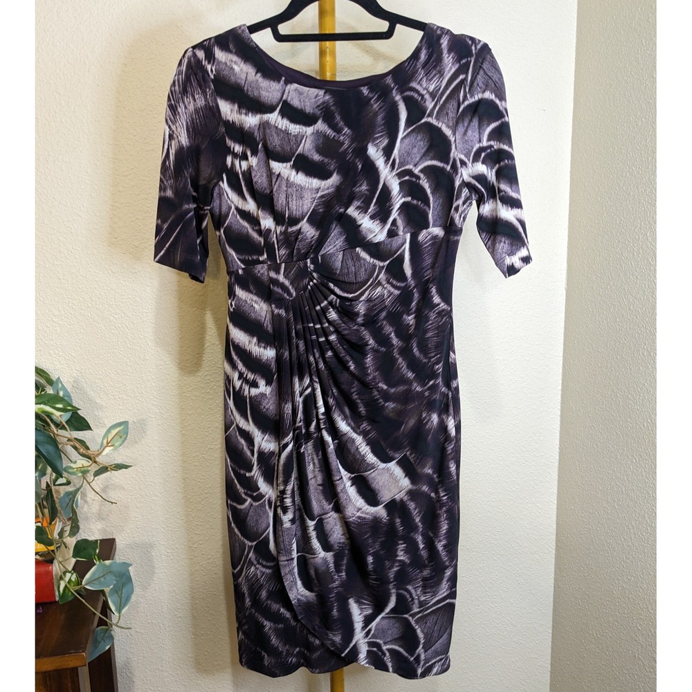 Wing Feather Print Draped Sheath Dress Ruched Jersey Stretchy 4P